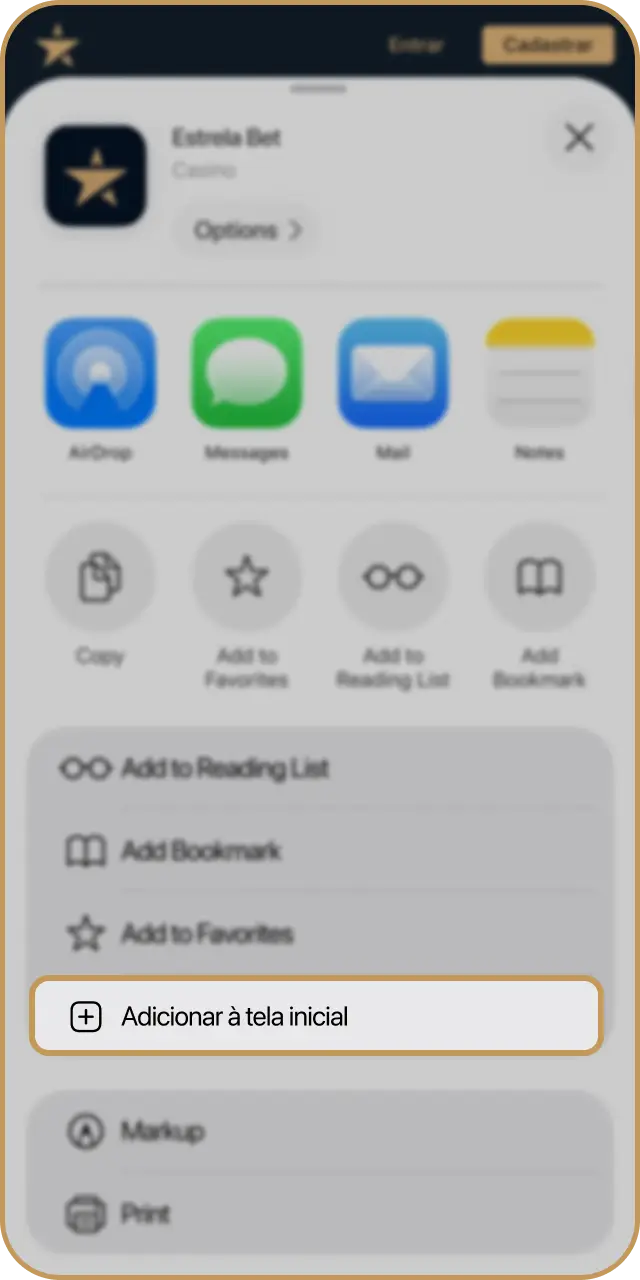 Acesse e abra o menu para prosseguir com a ação de instalar o aplicativo Estrela Bet no iOS.