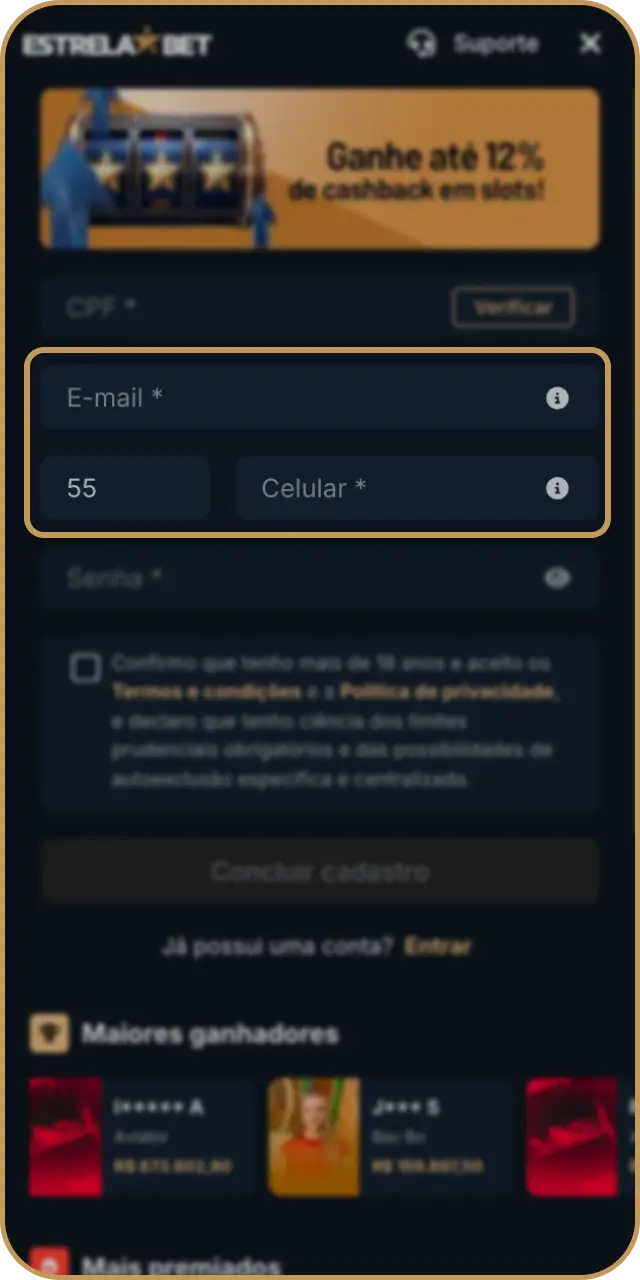 Preencha seus dados de contato para avançar no cadastro da Estrela Bet.