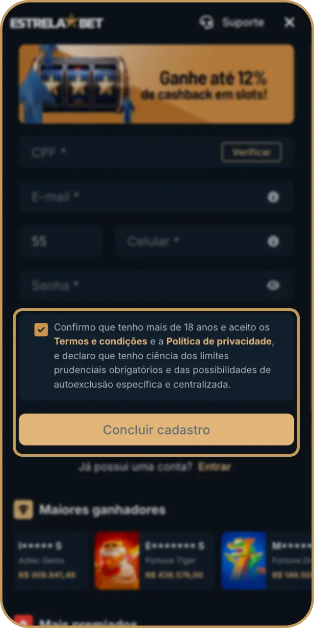 Conclua o cadastro na Estrela Bet e aproveite todos os recursos disponíveis.