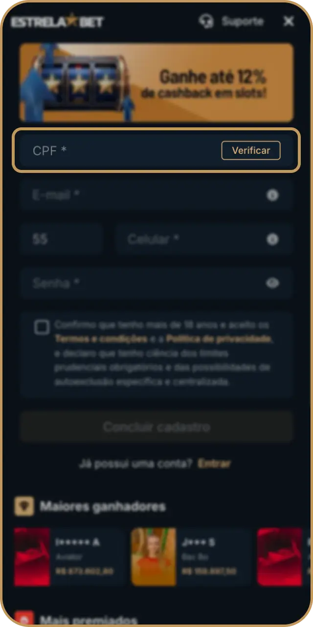 Insira seu CPF para validar o seu processo de cadastro na Estrela Bet.