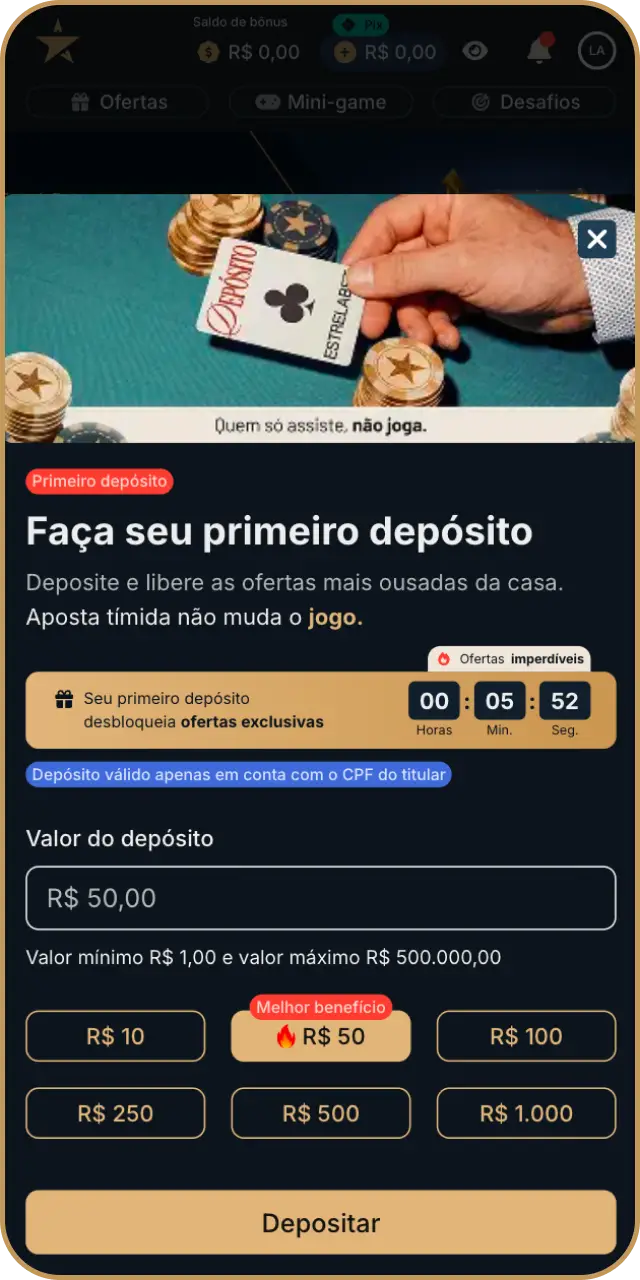 Faça um depósito seguro para ter saldo e jogar Fortune Tiger na Estrela Bet.