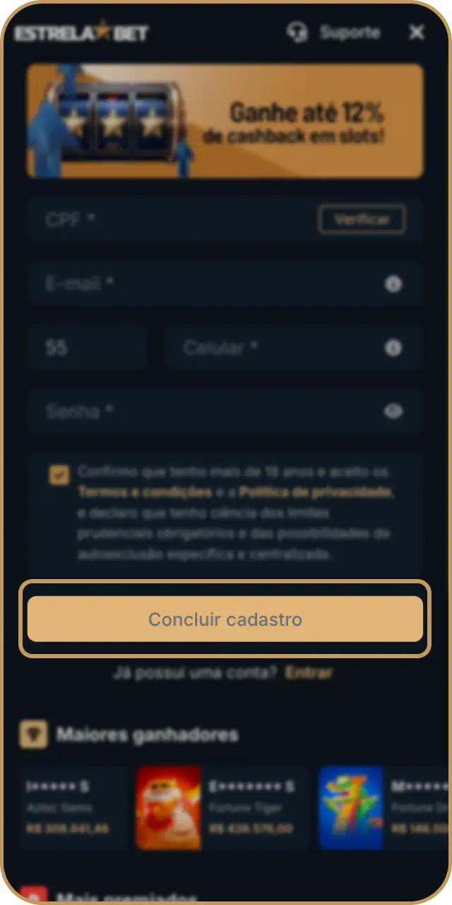 Conclua o cadastro na Estrela Bet e aproveite as melhores ofertas disponíveis.