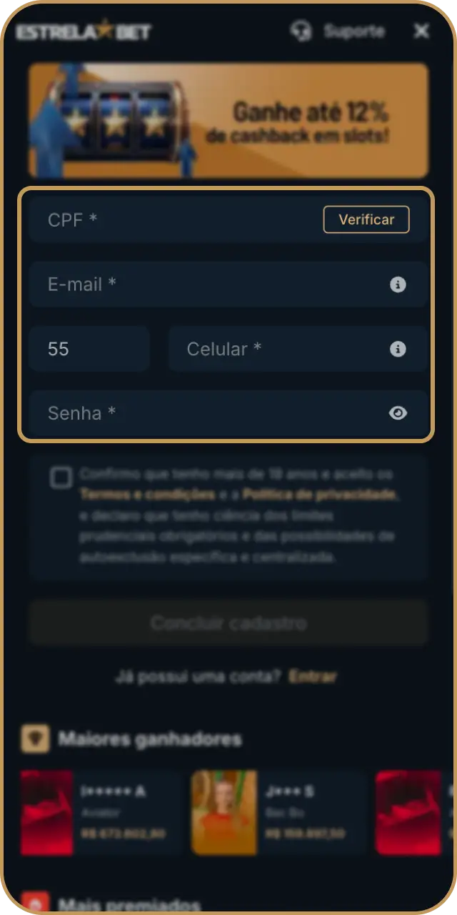 Preencha seus dados de contato durante o cadastro na plataforma Estrela Bet.