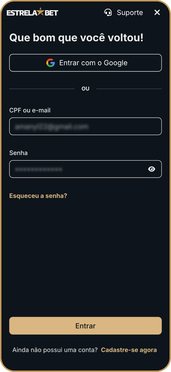 Faça login na sua conta da Estrela Bet usando suas credenciais.
