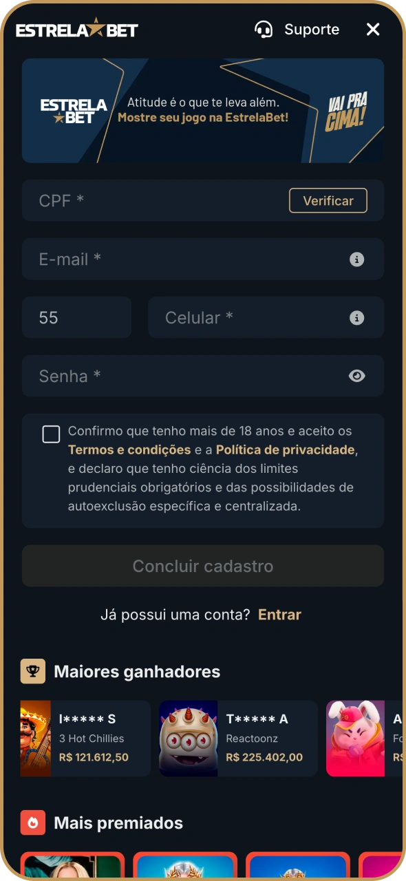 Clique no botão de cadastro na plataforma Estrela Bet.